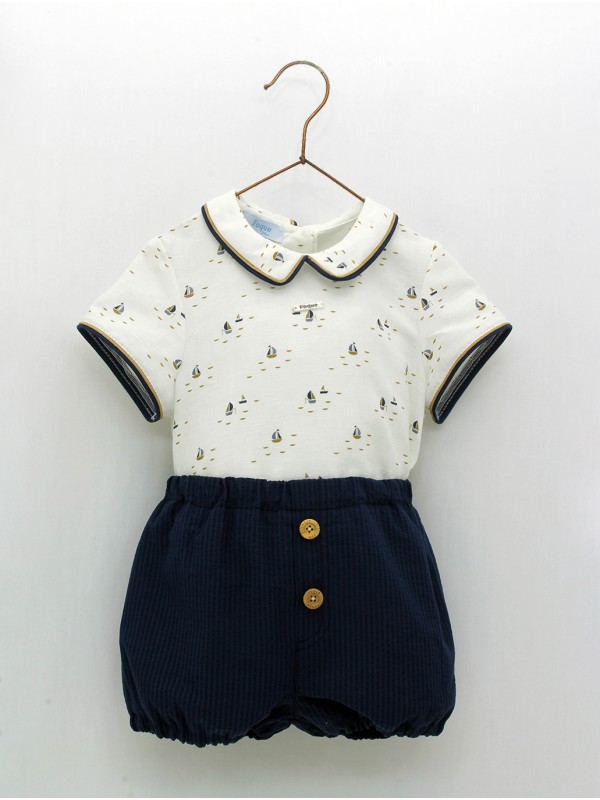 Boy set of sailboats shirt and navy blue shorts