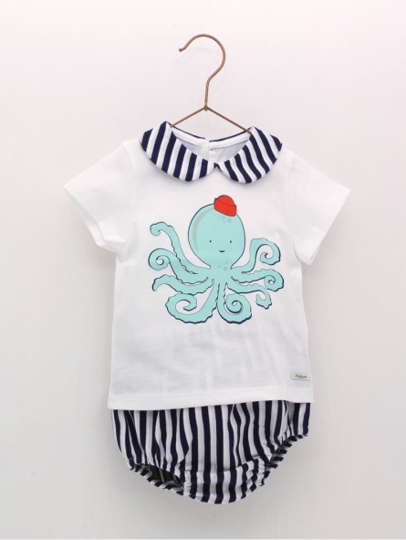 Camiseta manga corta dibujo pulpo y braguita rayas