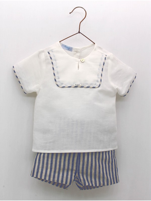 Conjunto lino camisa cuello panadero y pantalon corto rayas
