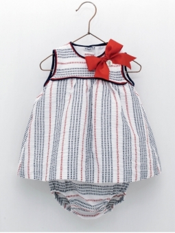 Nautic baby girl dress and bloomers in striped cheesecloth