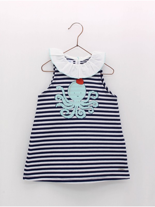 Vestido sin mangas felpa rayas con estampado pulpo