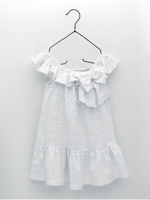 Vestido niña punto circular calado con cuello volante y gran lazada