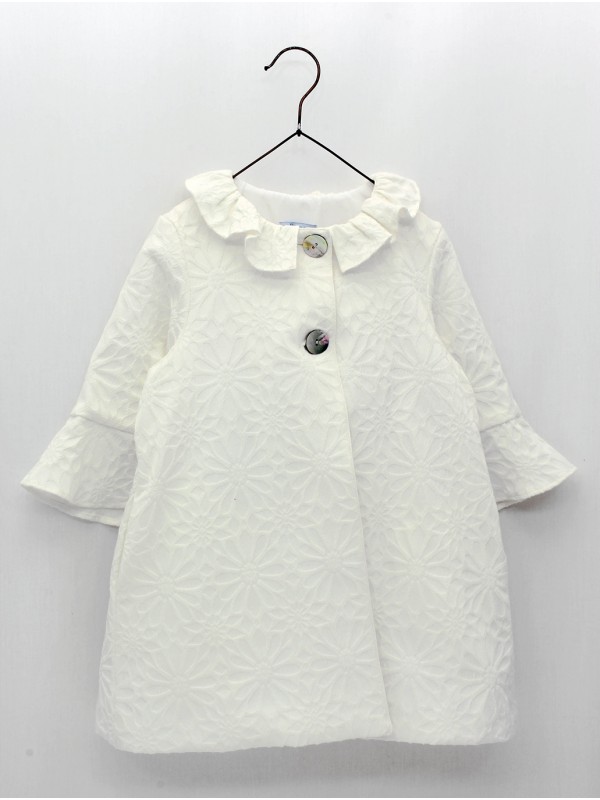 Abrigo tejido jacquard de flores con cuello mao y volantes en manga y cuello