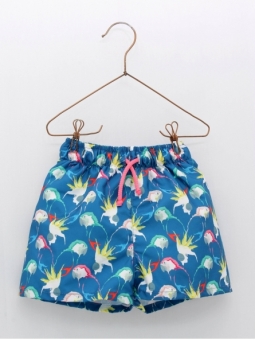Bañador niño tejido secante estampado loros y cordon fluor a contraste