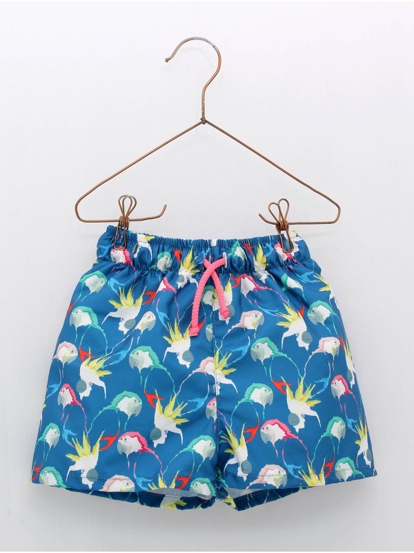 Bañador niño tejido secante estampado loros y cordon fluor a contraste