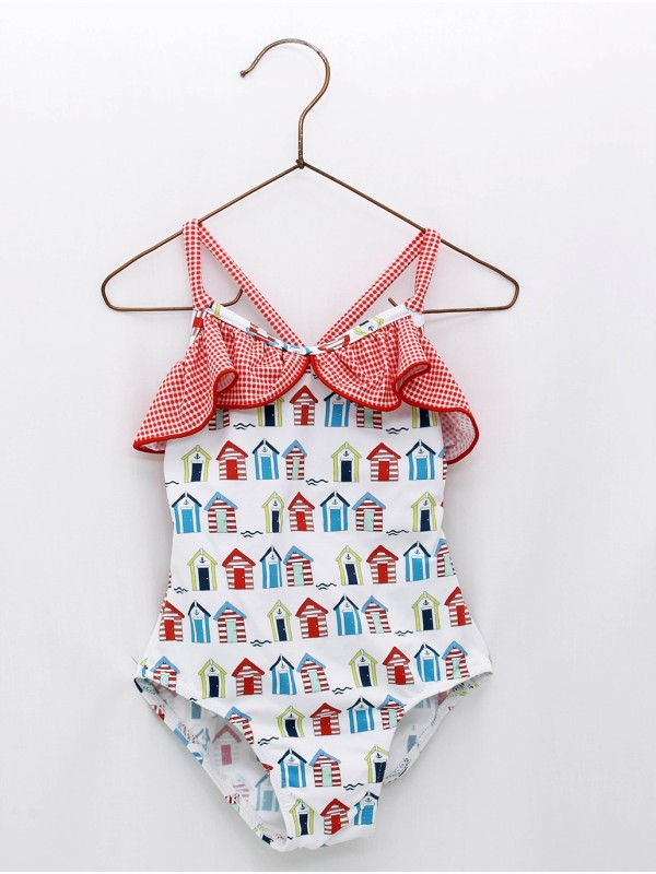 Bañador estampado casetas con tiras cruzadas en espalda y volantes en vichy 
