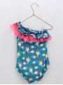 BaÃ±ador entero con escote asimÃ©trico estampado loros y detalles en tul fluor