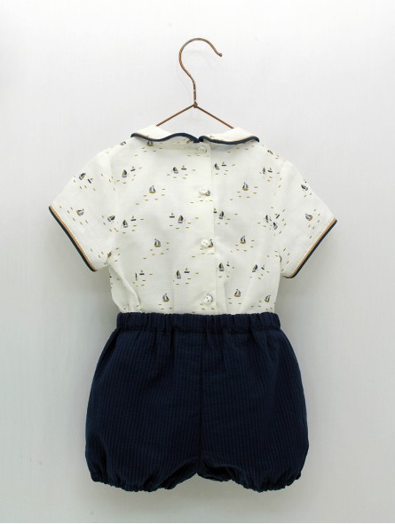 Boy set of sailboats shirt and navy blue shorts