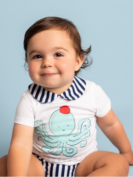 Camiseta manga corta dibujo pulpo y braguita rayas