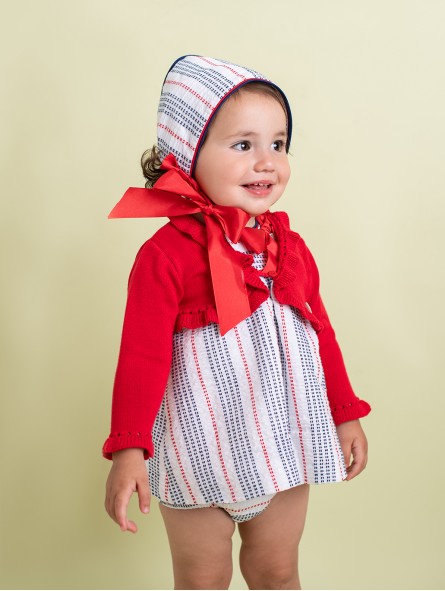 Nautic baby girl dress and bloomers in striped cheesecloth