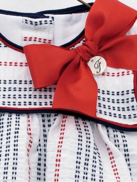 Nautic baby girl dress and bloomers in striped cheesecloth