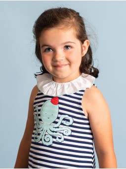 Vestido sin mangas felpa rayas con estampado pulpo