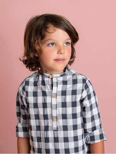 Camisa niño cuello mao y cuadros grandes vichy