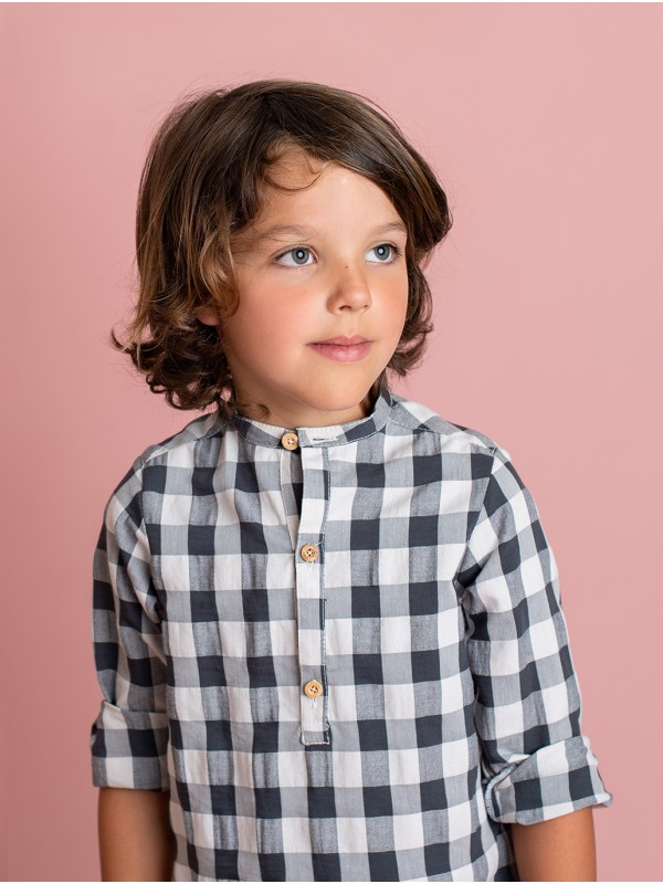 Camisa niño cuello mao y cuadros grandes vichy