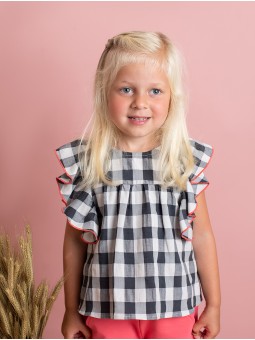 Blusa niña de cuadros vichy grandes con mangas volante