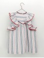 Vestido em tecido bambula multirayas com efeito puntadas e volantes em mangas