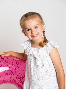 Vestido niña punto circular calado con cuello volante y gran lazada