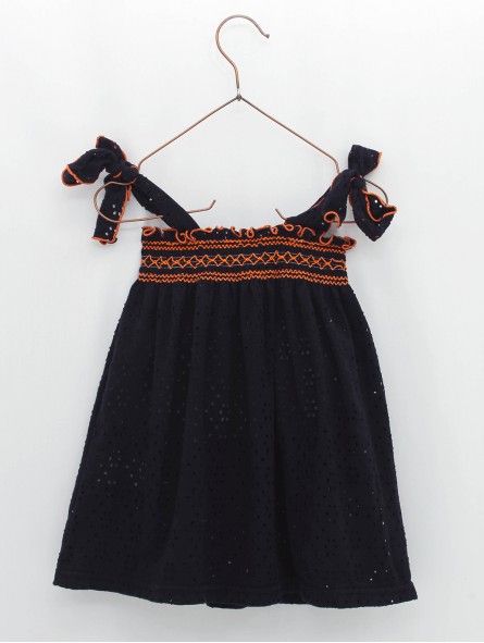 Vestido tirantes en punto circular calado con gomas a contraste