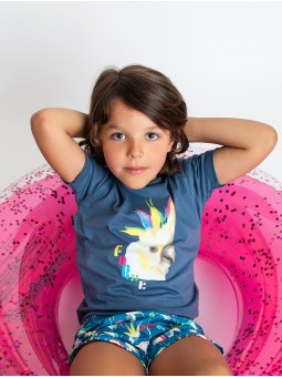 Bañador niño tejido secante estampado loros y cordon fluor a contraste
