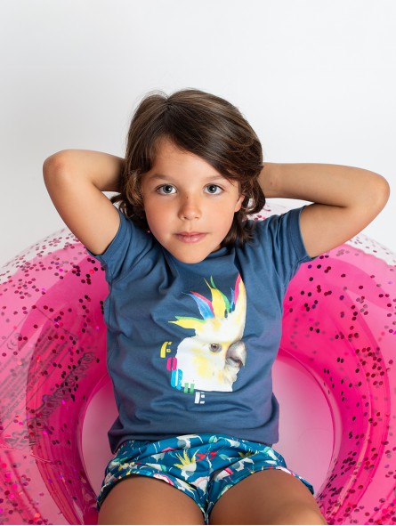 Bañador niño tejido secante estampado loros y cordon fluor a contraste