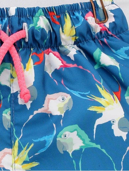Bañador niño tejido secante estampado loros y cordon fluor a contraste