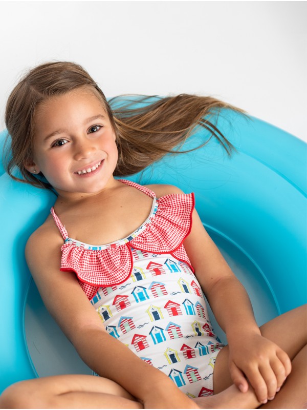Bañador estampado casetas con tiras cruzadas en espalda y volantes en vichy 