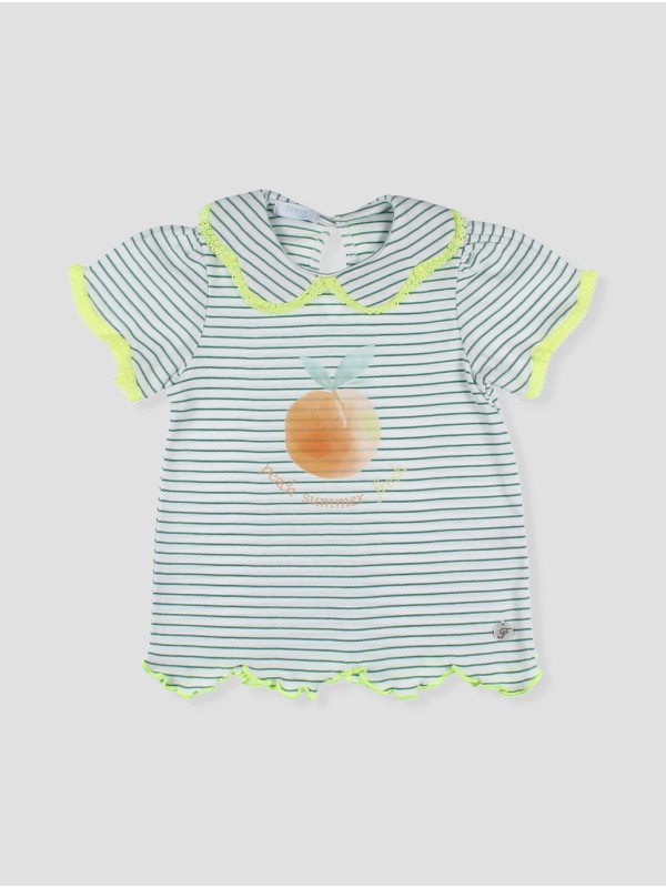 CAMISETA CUELLO ONDAS CON PUNTILLAS FLUOR Y DIBUJO MELOCOTÓN CC. LA HABANA