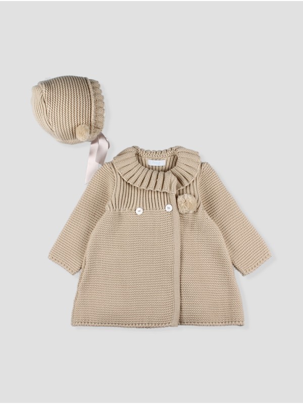 Knitted baby girl coat with bonnet