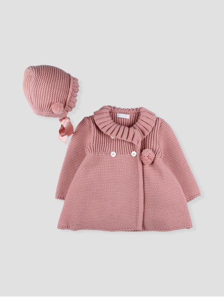 Knitted baby girl coat with bonnet